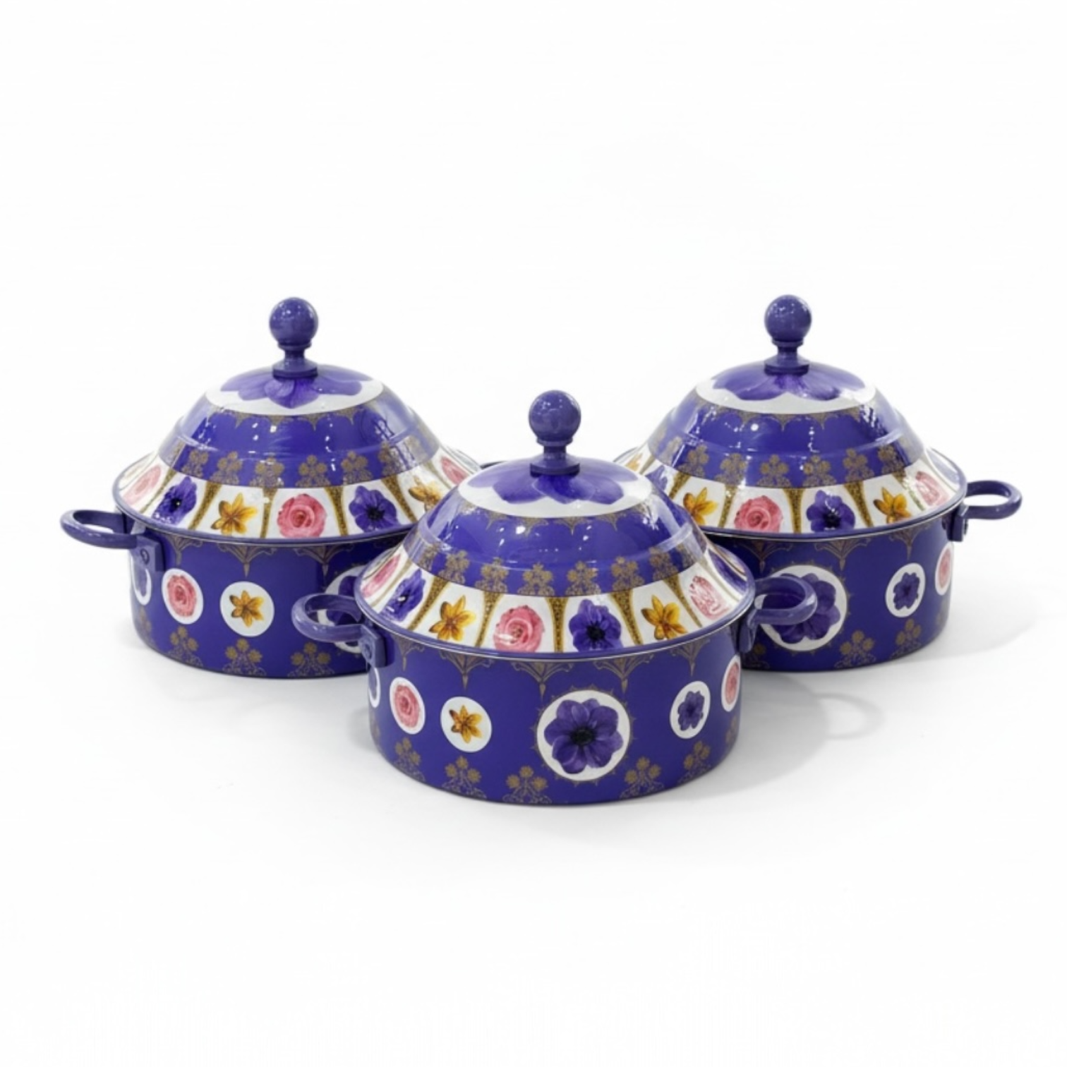 Floral Food Warmer Set Blue – 3 Pieces (2.5L, 3.5L, 5.5L) - Mawaeen