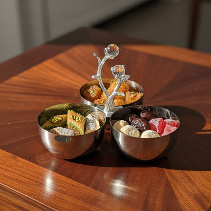 Mawaeen 3-Bowl Snack Stand – Small Silver Floral Design