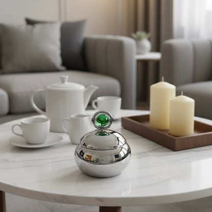 Mawaeen Luxury Sugar Pot – Stainless Steel Design with Green Crystal Accent