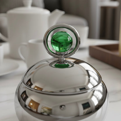 Mawaeen Luxury Sugar Pot – Stainless Steel Design with Green Crystal Accent