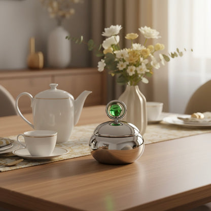 Mawaeen Luxury Sugar Pot – Stainless Steel Design with Green Crystal Accent