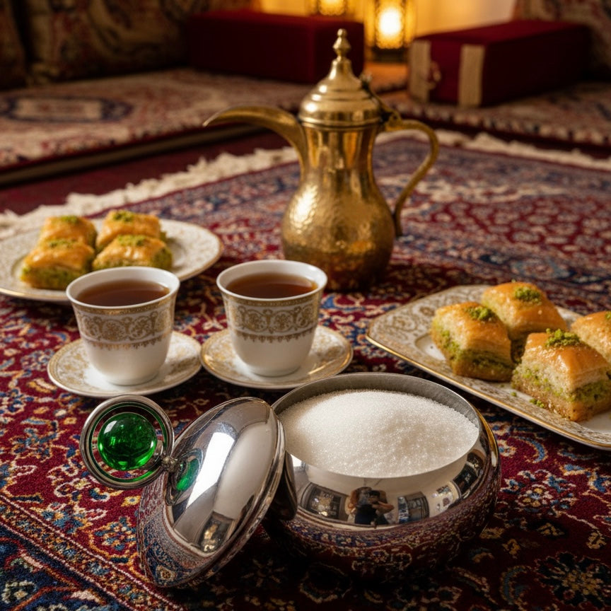 Mawaeen Luxury Sugar Pot – Stainless Steel Design with Green Crystal Accent