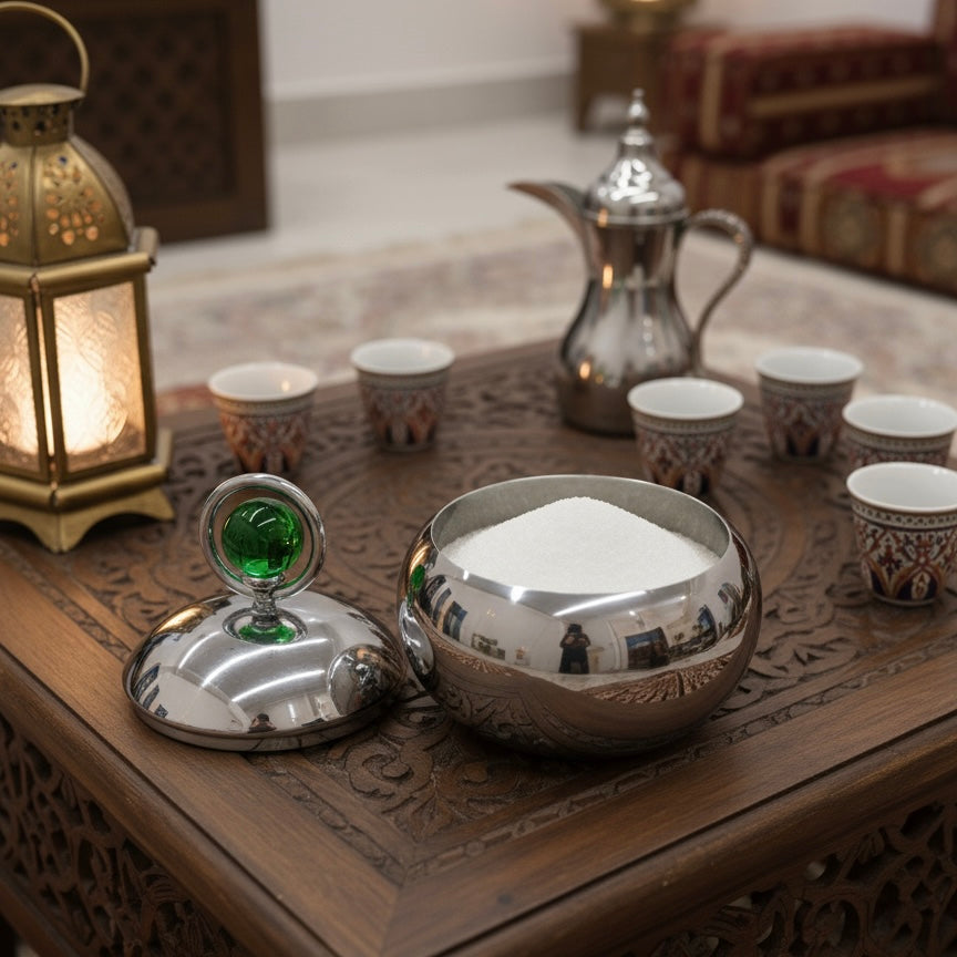 Mawaeen Luxury Sugar Pot – Stainless Steel Design with Green Crystal Accent