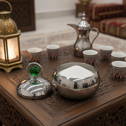 Mawaeen Luxury Sugar Pot – Stainless Steel Design with Green Crystal Accent