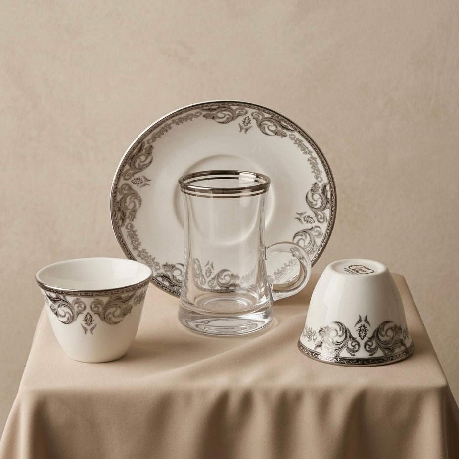 Premium 18-Piece Tea and Coffee Set - W/Silver - Mawaeen