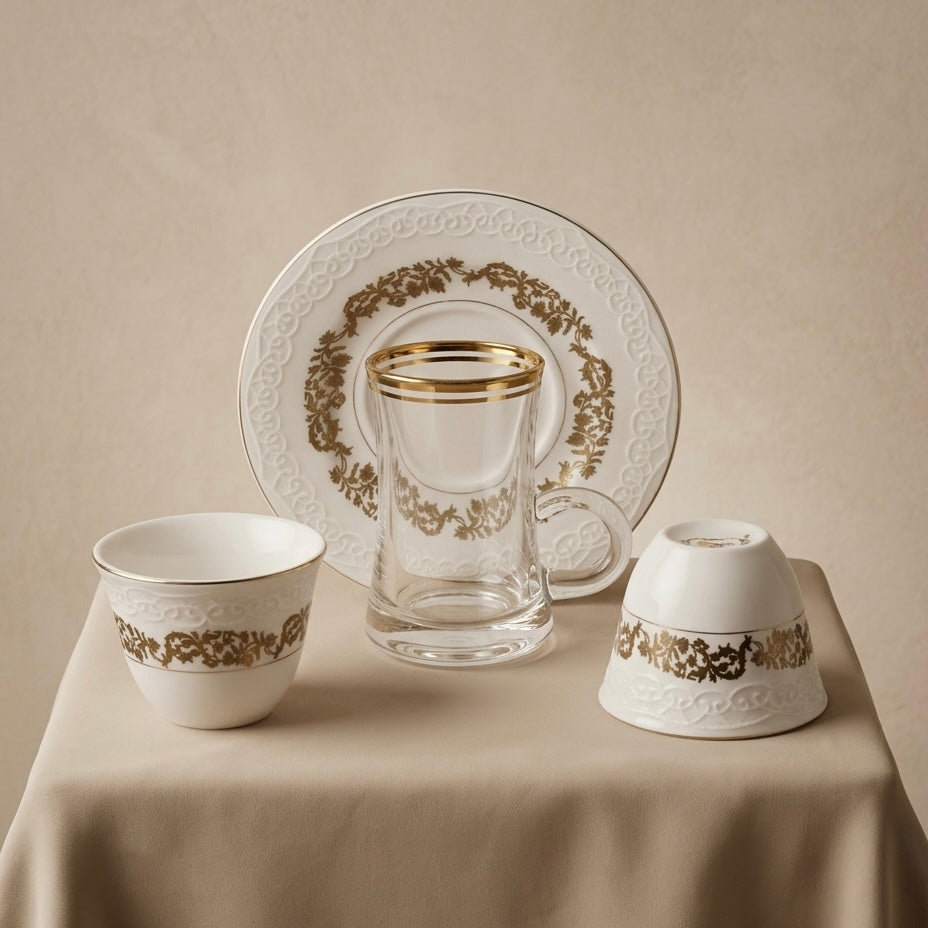 Premium 18-Piece Tea and Coffee Set - W/Gold - Mawaeen