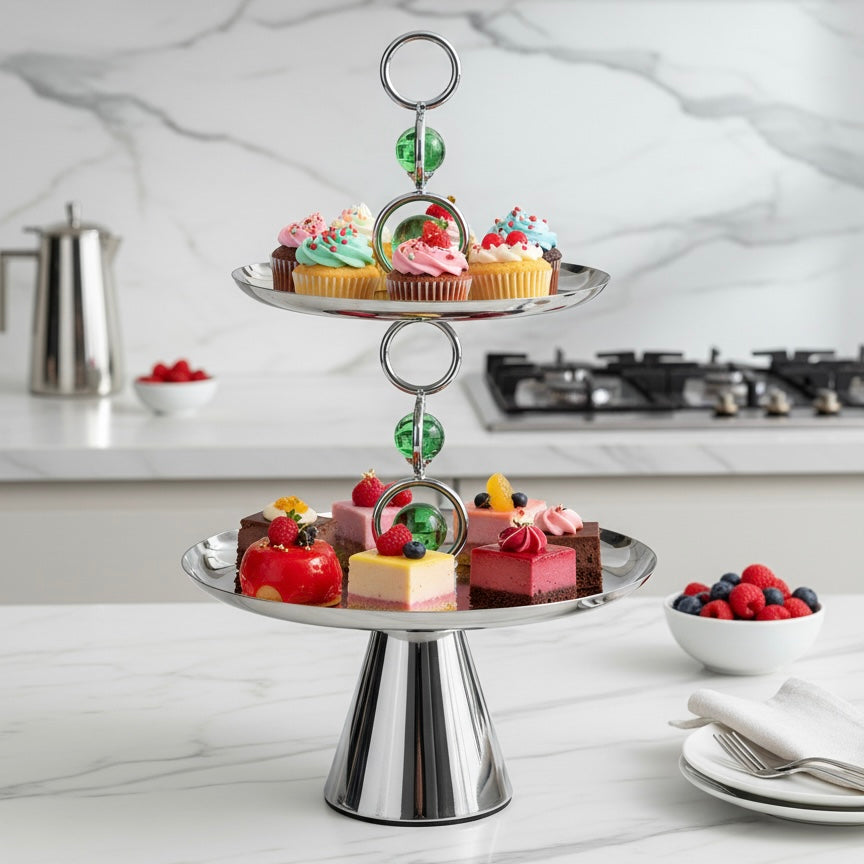Mawaeen 2-Tier Metal Candy Stand with Crystal Accent – Silver Elegance