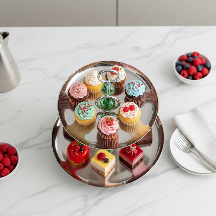 Mawaeen 2-Tier Metal Candy Stand with Crystal Accent – Silver Elegance