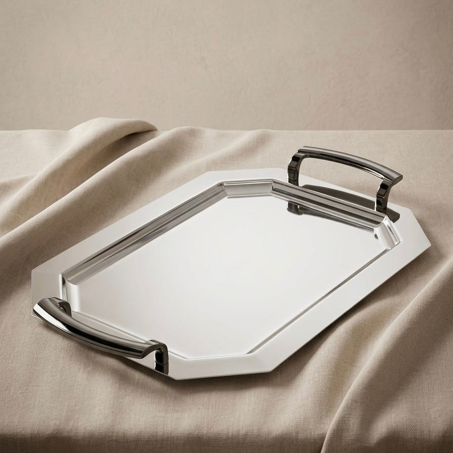 Silver Stainless Steel Serving Tray with Chrome Handles – (L)