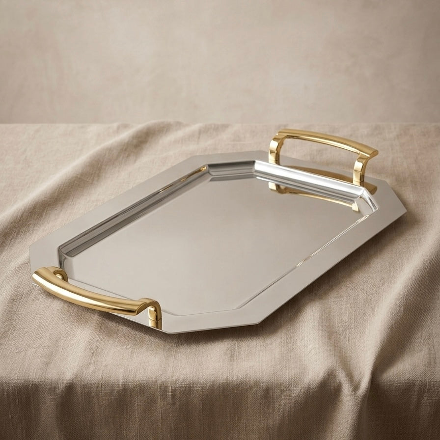 Silver Stainless Steel Serving Tray with Gold Handles – (L)
