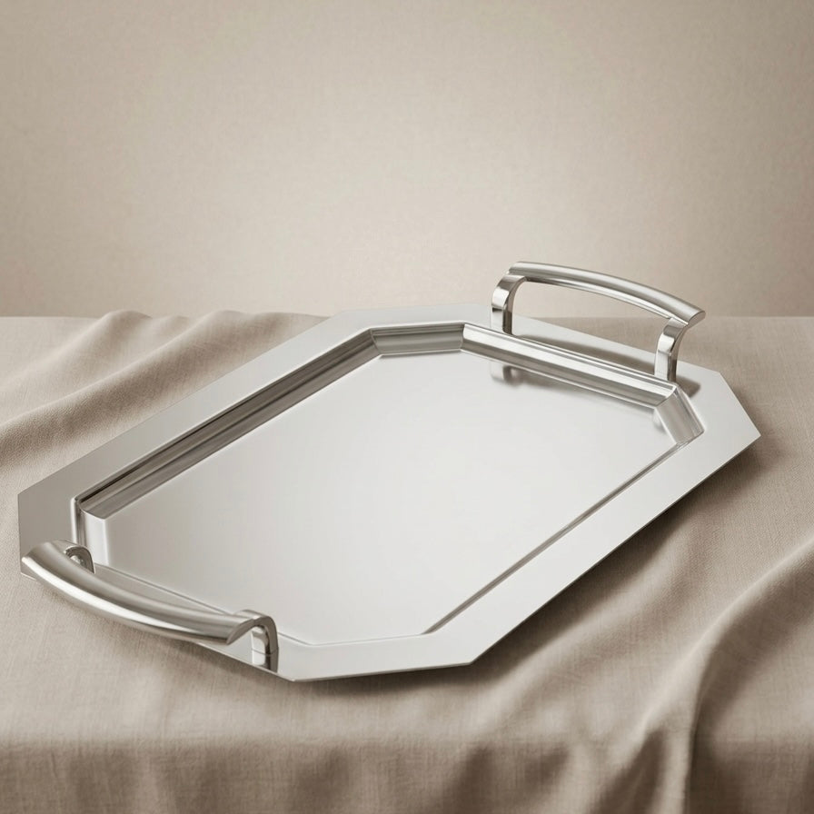 Silver Stainless Steel Serving Tray with Silver Handles – (L) - Mawaeen