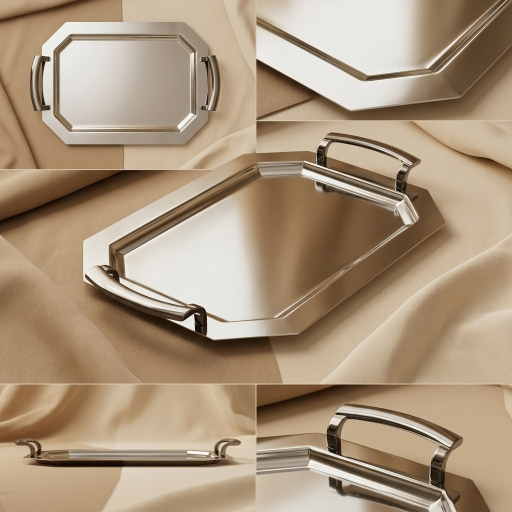 Silver Stainless Steel Serving Tray with Chrome Handles – (L)