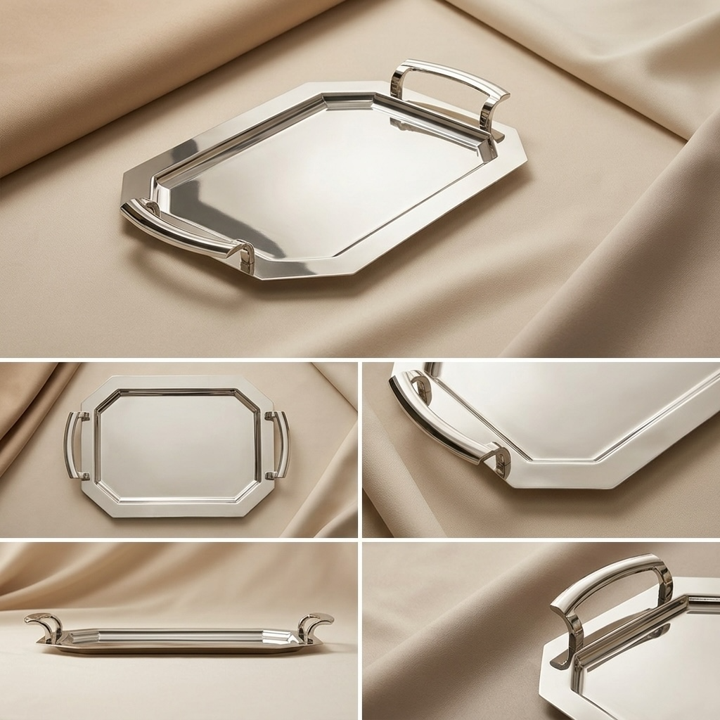 Silver Stainless Steel Serving Tray with Silver Handles – (L) - Mawaeen