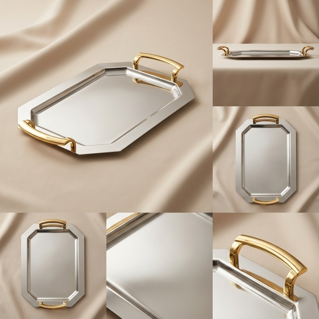 Silver Stainless Steel Serving Tray with Gold Handles – (L)