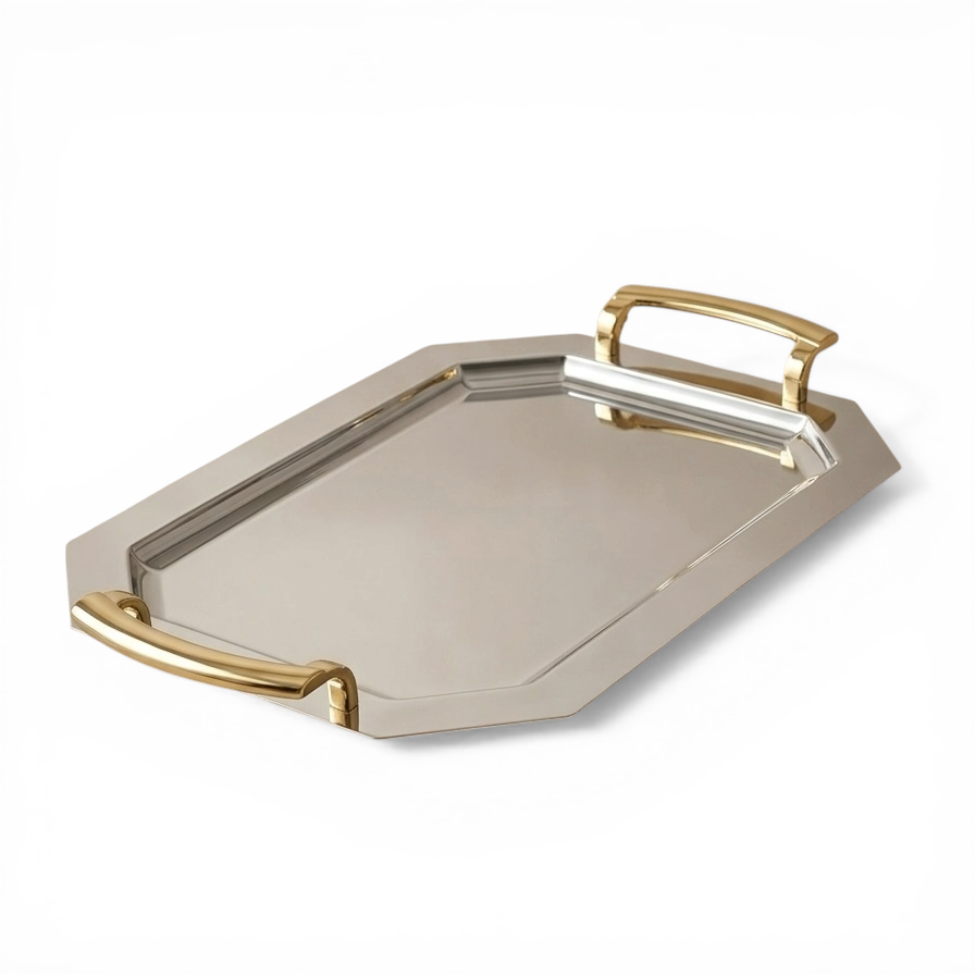 Silver Stainless Steel Serving Tray with Gold Handles – (L)