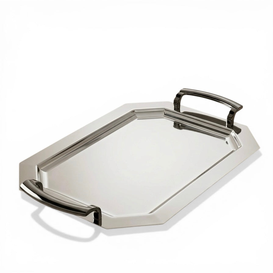 Silver Stainless Steel Serving Tray with Chrome Handles – (L)