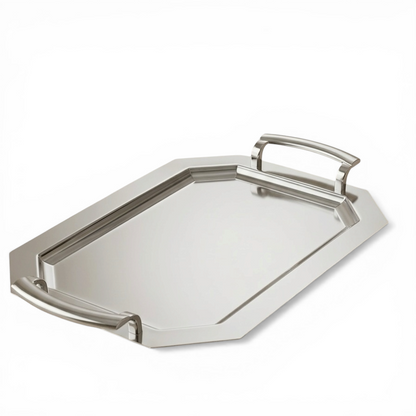 Silver Stainless Steel Serving Tray with Silver Handles – (L) - Mawaeen