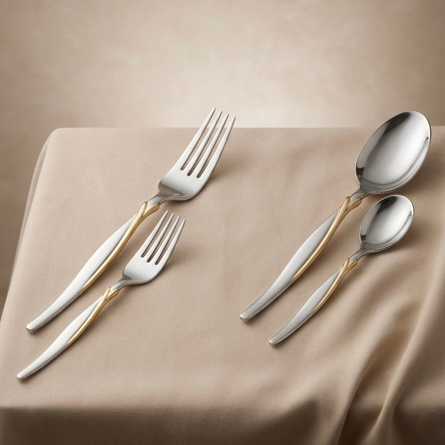 Arshia 48-piece Gold Silver Cutlery Set with Stand - Mawaeen
