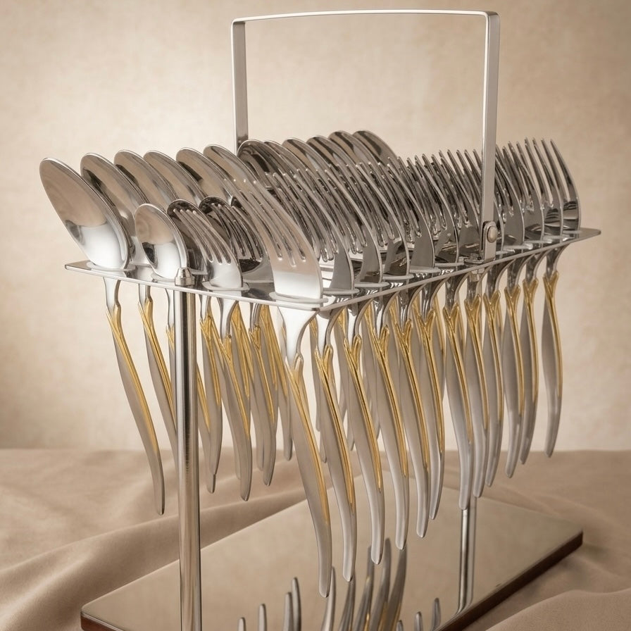 Arshia 48-piece Gold Silver Cutlery Set with Stand - Mawaeen