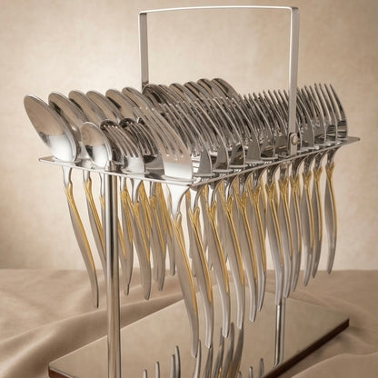 Arshia 48-piece Gold Silver Cutlery Set with Stand - Mawaeen