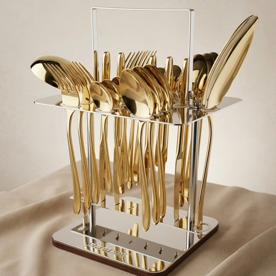Arshia 26-piece Gold Silver Cutlery Set with Stand - Mawaeen