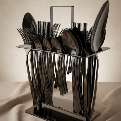 AlpenBerg Black Stainless Steel Cutlery Set with Stand - Mawaeen