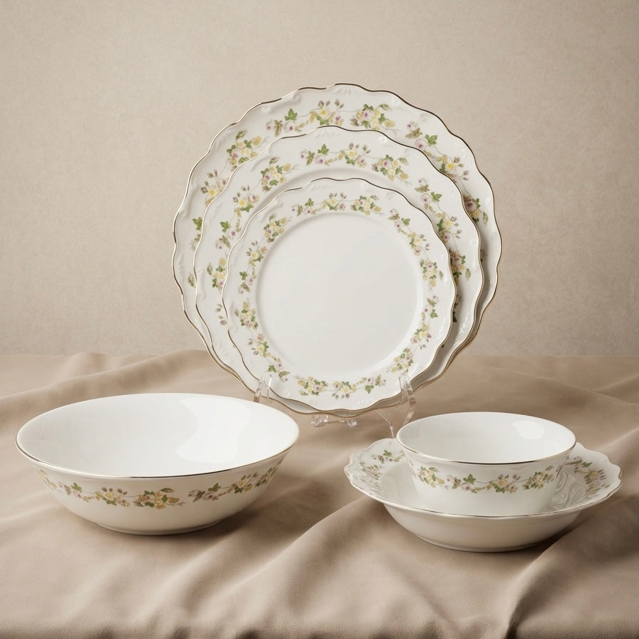 Elegant 26-Piece Porcelain Dinnerware Set – Floral Design with Gold Rim