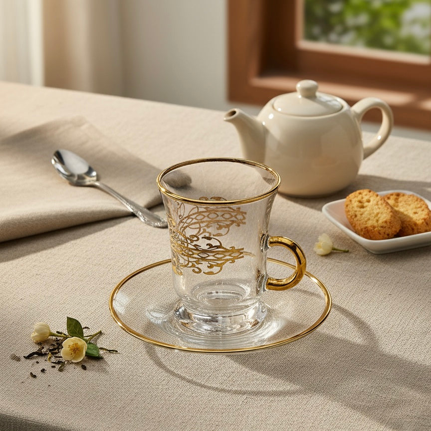 Tea Istikan Set – 6 Pieces with Plates Gold - (130cc, Turkish Made)