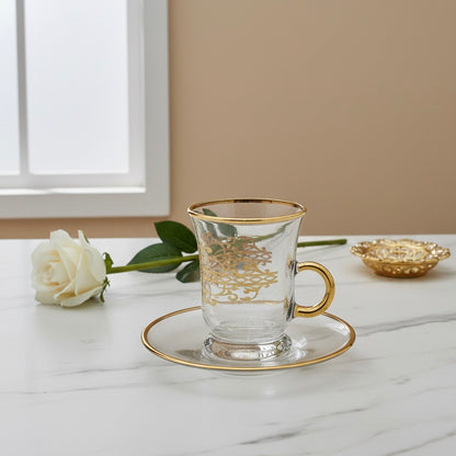 Tea Istikan Set – 6 Pieces with Plates Gold - (130cc, Turkish Made)