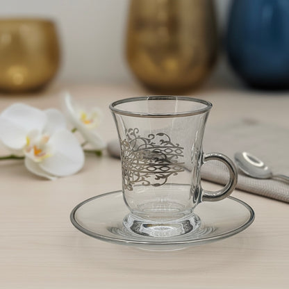 Tea Istikan Set – 6 Pieces with Plates Silver - (130cc, Turkish Made)