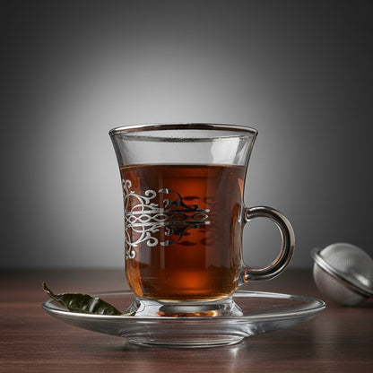 Tea Istikan Set – 6 Pieces with Plates Silver - (130cc, Turkish Made)