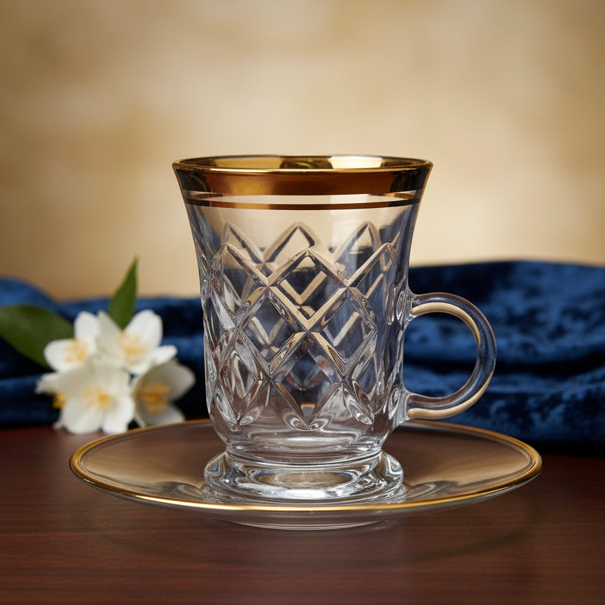 Tea Istikan Set – 6 Pieces with Plates G/Line - (130cc, Turkish Made)