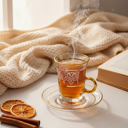 Tea Istikan Set – 6 Pieces with Plates W/Gold - (130cc, Turkish Made)