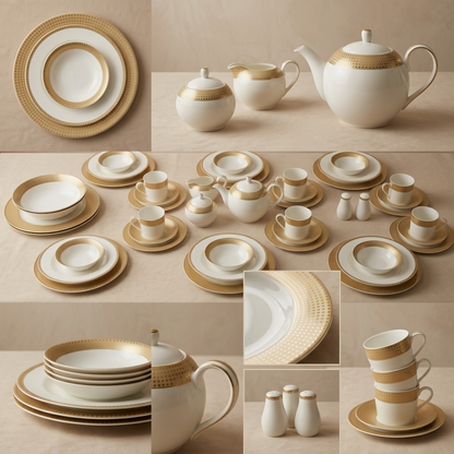 47-Piece Round Porcelain Dinner Set with Gold Decal – Complete Dining Collection - Mawaeen