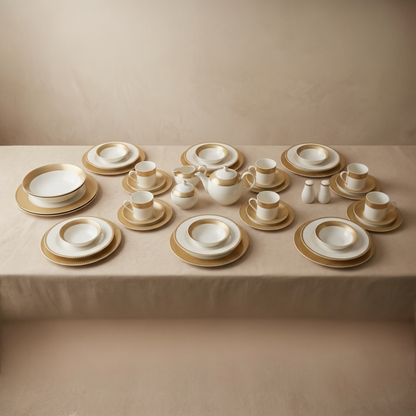 47-Piece Round Porcelain Dinner Set with Gold Decal – Complete Dining Collection - Mawaeen