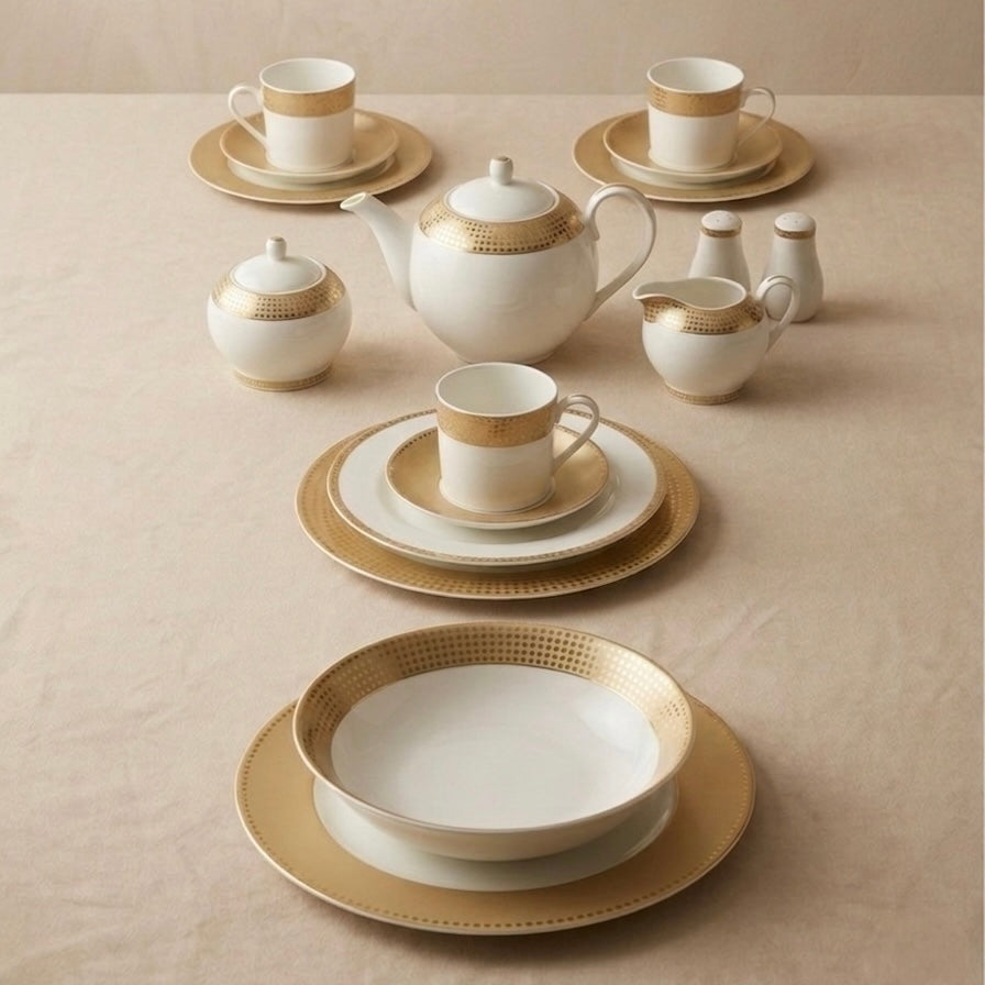 47-Piece Round Porcelain Dinner Set with Gold Decal – Complete Dining Collection - Mawaeen