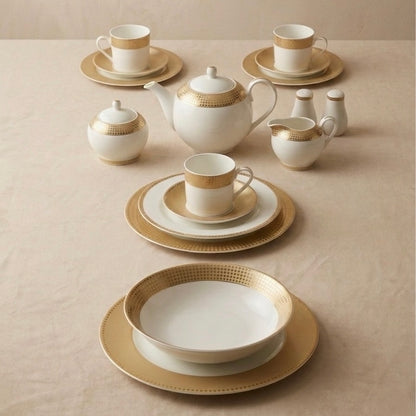 47-Piece Round Porcelain Dinner Set with Gold Decal – Complete Dining Collection - Mawaeen