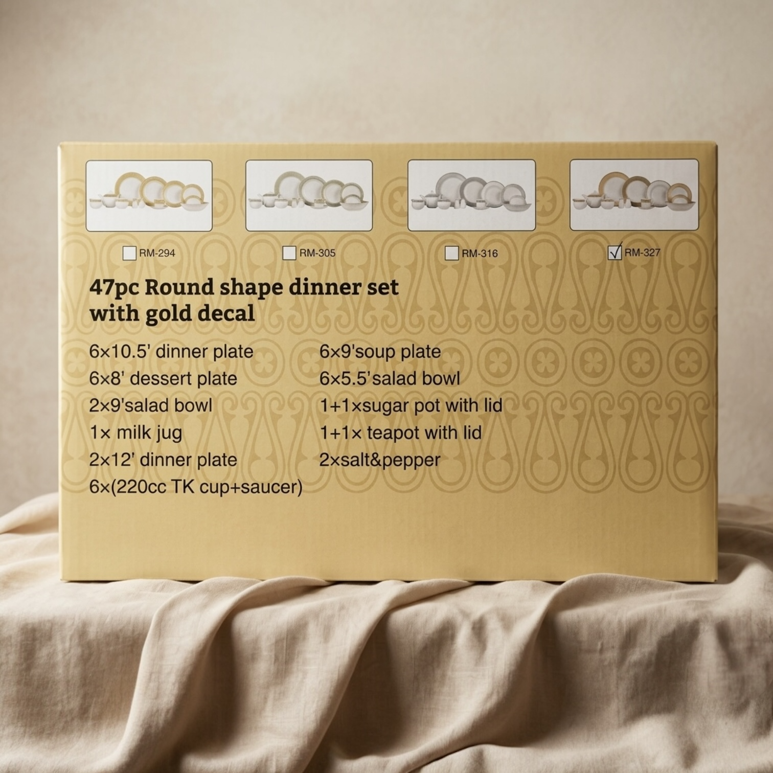 47-Piece Round Porcelain Dinner Set with Gold Decal – Complete Dining Collection - Mawaeen