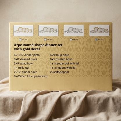 47-Piece Round Porcelain Dinner Set with Gold Decal – Complete Dining Collection - Mawaeen