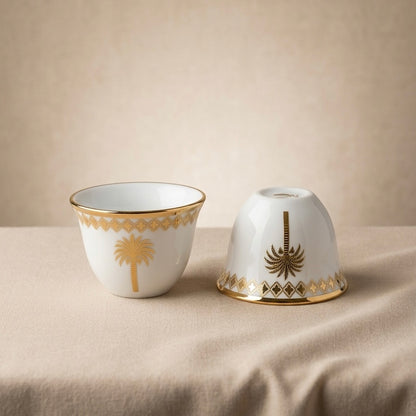 12-Piece Porcelain Cups Set with Gold Palm Design – Classic Luxury Collection - Mawaeen