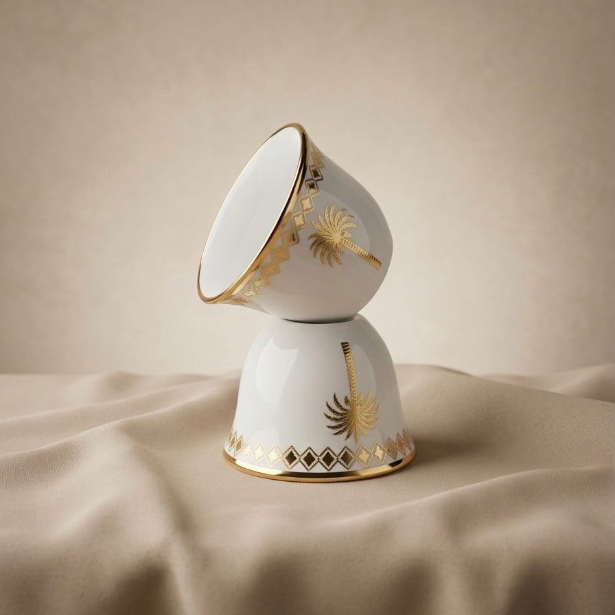 12-Piece Porcelain Cups Set with Gold Palm Design – Classic Luxury Collection - Mawaeen