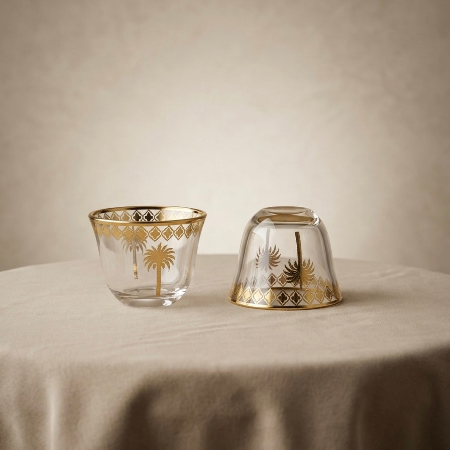 6-Piece Glass Cups Set with Gold Palm Design – Elegant Serving Cups - Mawaeen