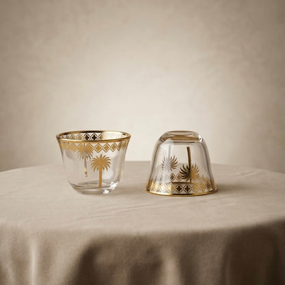 6-Piece Glass Cups Set with Gold Palm Design – Elegant Serving Cups - Mawaeen