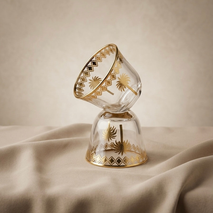 6-Piece Glass Cups Set with Gold Palm Design – Elegant Serving Cups - Mawaeen