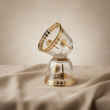 6-Piece Glass Cups Set with Gold Palm Design – Elegant Serving Cups - Mawaeen