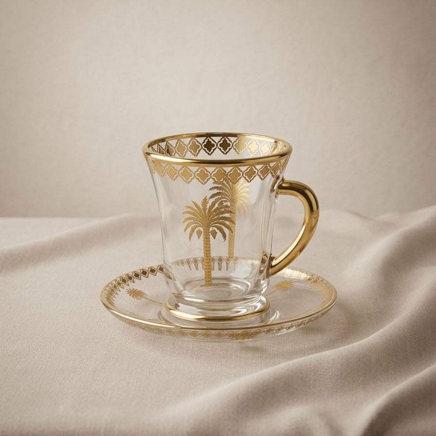6-Piece Glass Tea Cups with Saucers – Gold Palm Design Set - Mawaeen