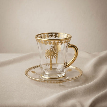 6-Piece Glass Tea Cups with Saucers – Gold Palm Design Set - Mawaeen