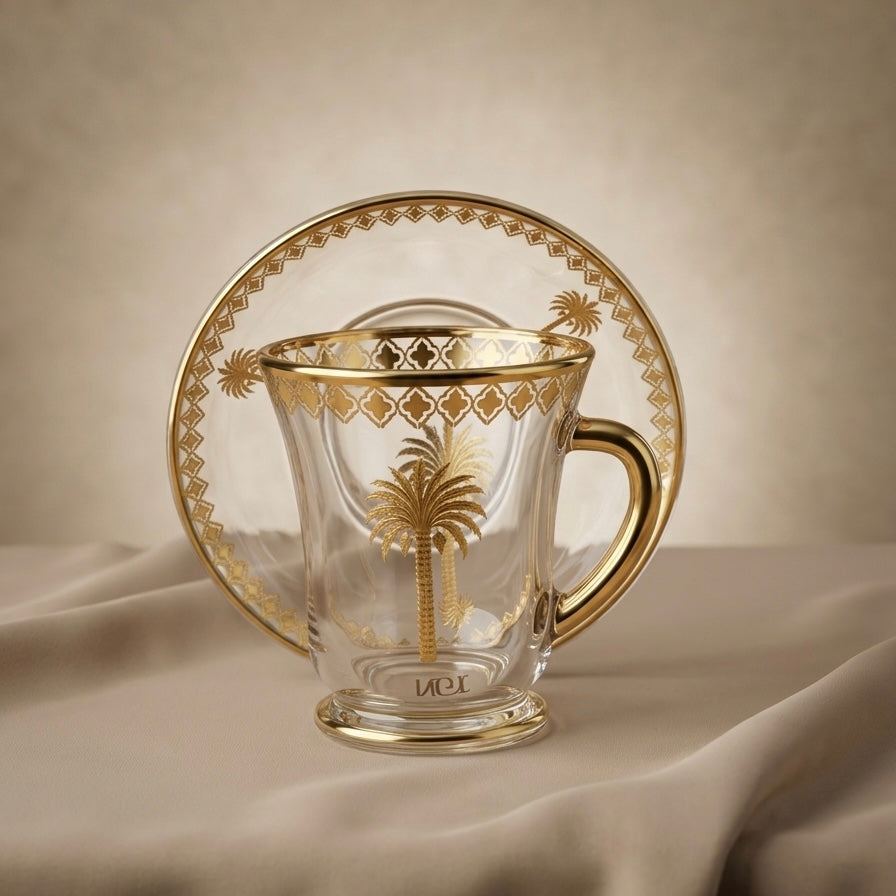 6-Piece Glass Tea Cups with Saucers – Gold Palm Design Set - Mawaeen