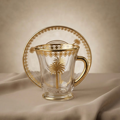 6-Piece Glass Tea Cups with Saucers – Gold Palm Design Set - Mawaeen