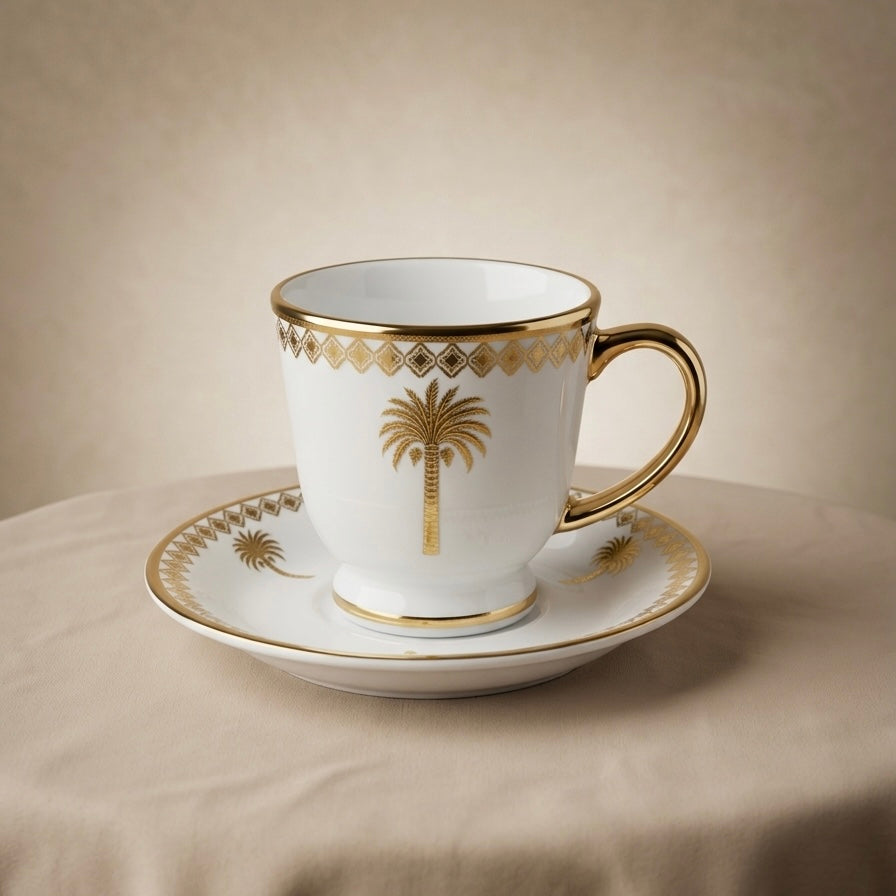 6-Piece Porcelain Tea Cups with Saucers – Gold Palm Design Set - Mawaeen